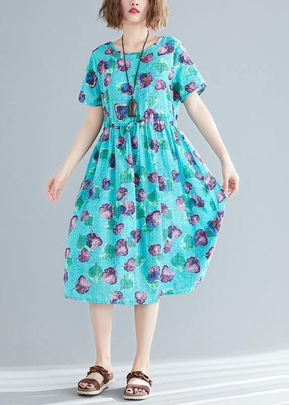 DIY blue print linen quilting clothes Fitted Wardrobes o neck patchwork A Line Summer Dress