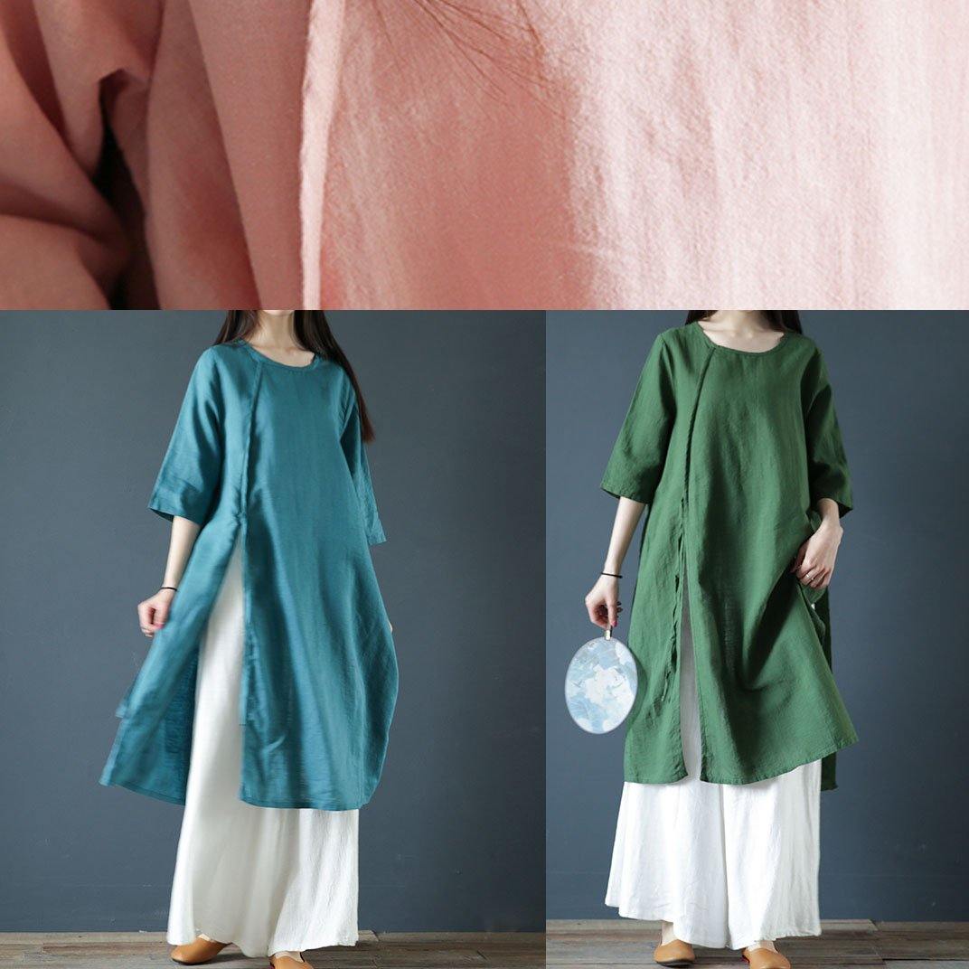 Classy o neck side open linen dress design light print Dresses