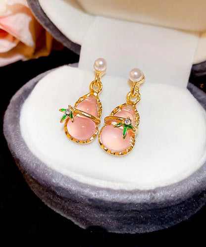 Cute Pink Alloy Zircon Resin Hollow Out Calabash Drop Earrings