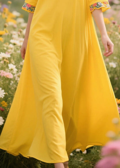 Casual Yellow V Neck Patchwork Cotton A Line Dress Summer