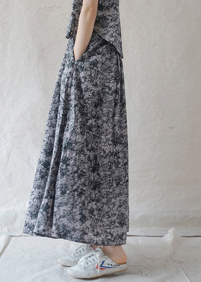 Bohemian Grey elastic waist drawstring Print Cotton Skirts Spring