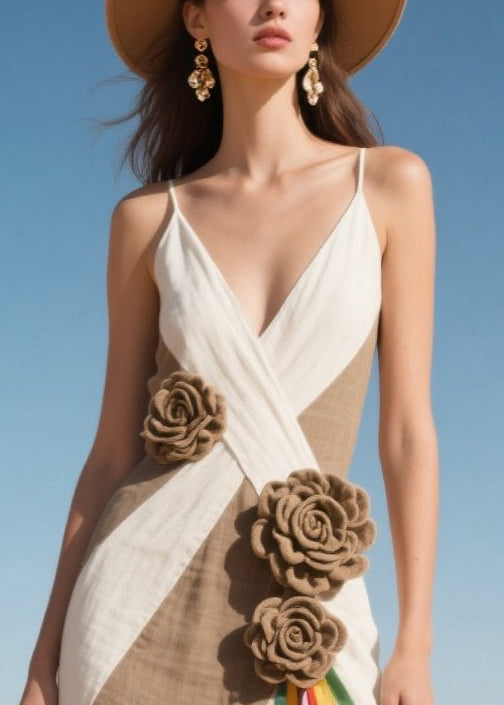 DIY Colorblock Asymmetrical Floral Decorated Silk Mini Dress Summer
