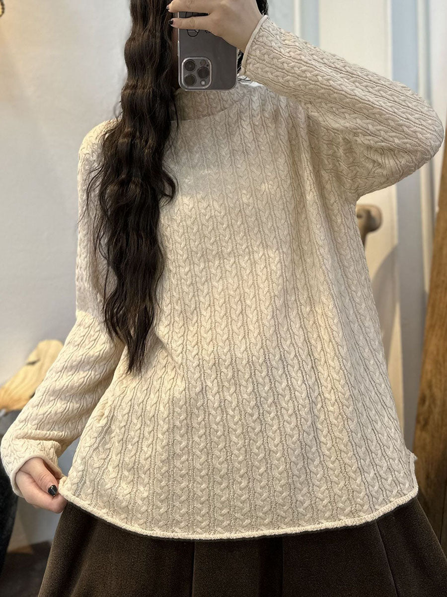 Women Casual Stripe 3D Knitted Solid Turtleneck Sweater