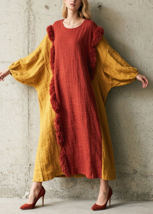 Organic Colorblock Oversized Patchwork Faux Fur Long Dresses Batwing Sleeve