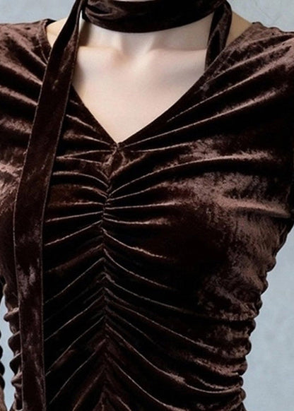 Sexy Coffee V Neck Wrinkled Silk Velour Top Flare Sleeve
