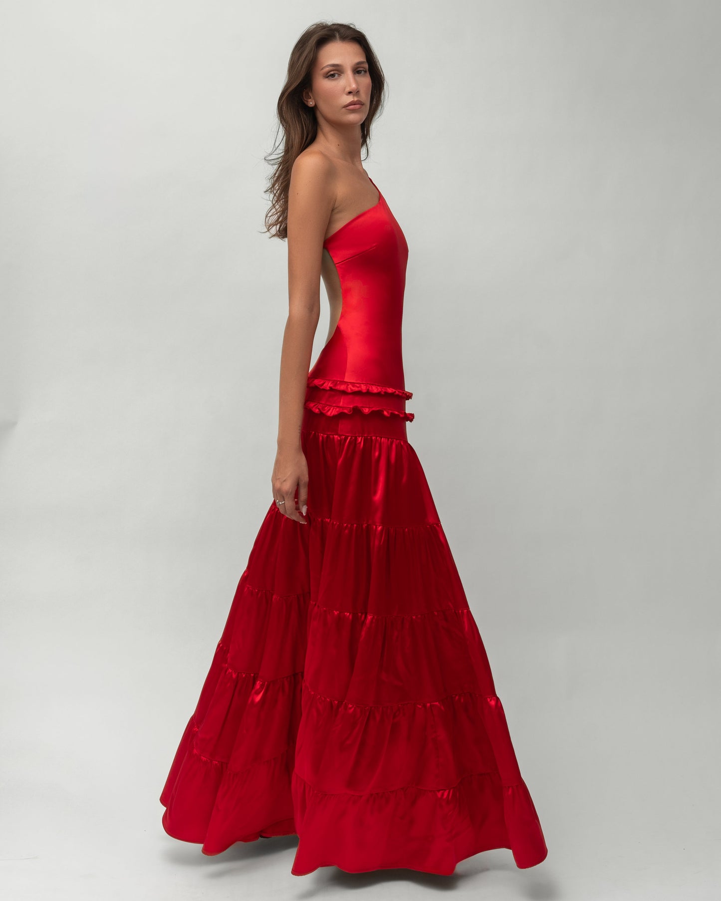 One-Shoulder Open-Back Satin Tiered Maxi Dress