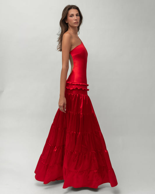 One-Shoulder Open-Back Satin Tiered Maxi Dress