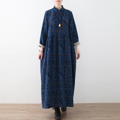 Blue Loose Vintage Button  Linen Print Dress