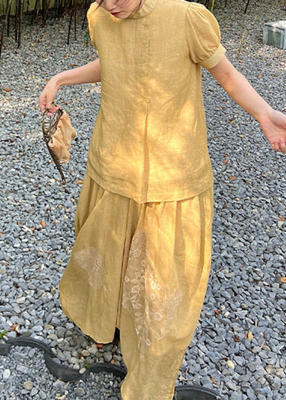 Art Yellow Lace Patchwork Tops And Skirts Two Pieces Set Summer