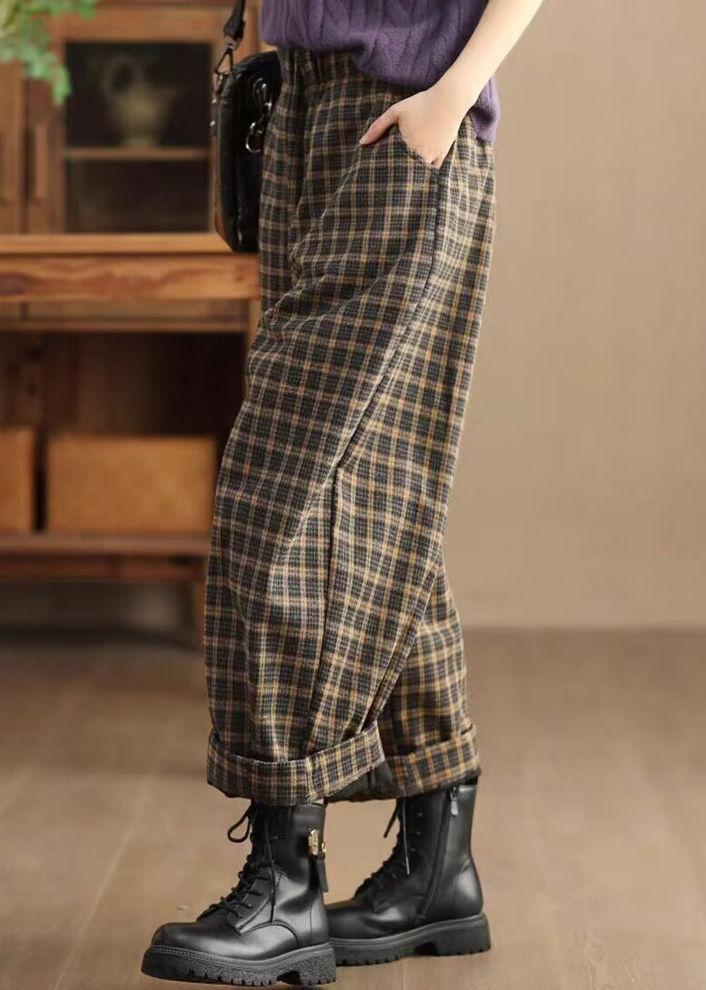 Casual Pockets Plaid Elastic Waist Trousers Spring