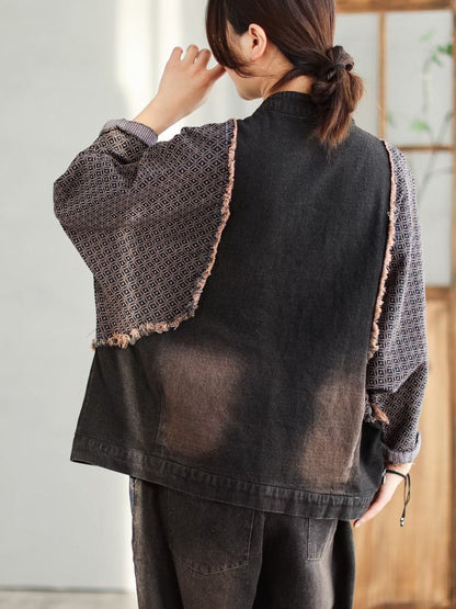 Women Spring Casual Patchwork Frog Burrs Denim Coat