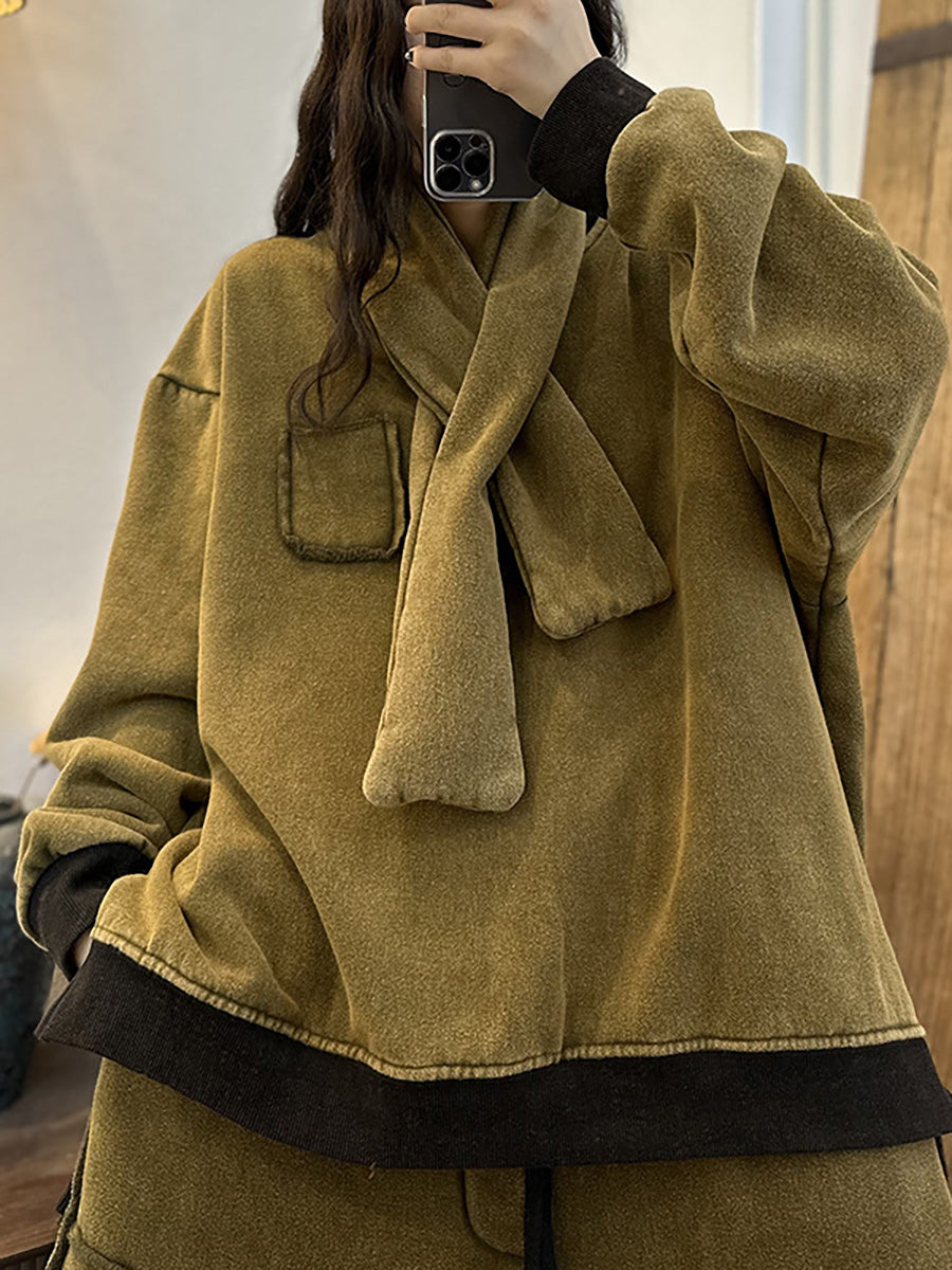 Women Winter Cotton Thickened Stitching Fleece Sweatshirt