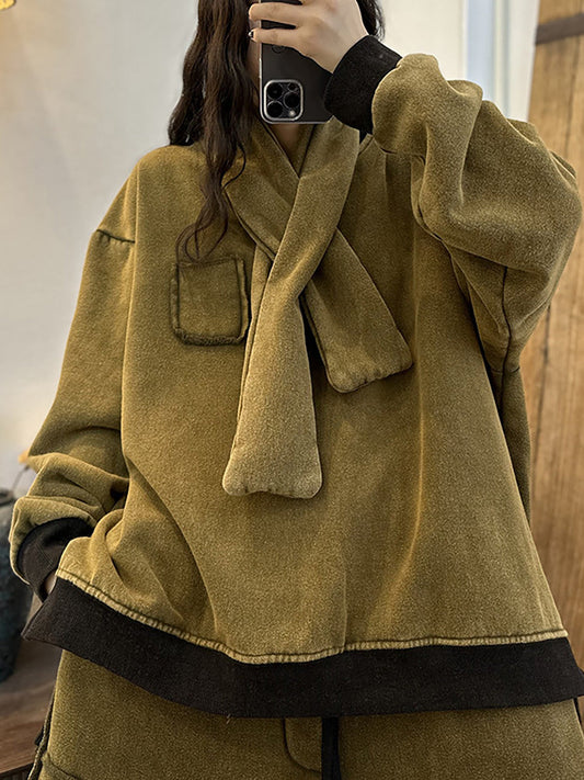 Women Winter Cotton Thickened Stitching Fleece Sweatshirt