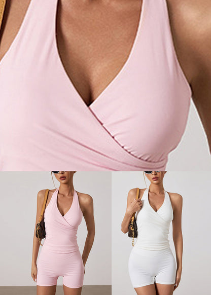 White V Neck High Waist Sports Bra And Leggings Set Suit