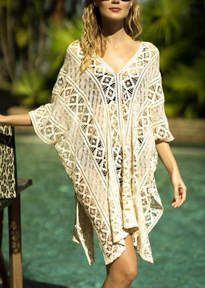 Bohemian White Hollow Out side open Beach Gown Mid Summer Cotton Dress