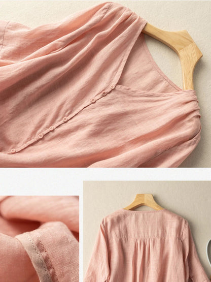 Pure Color V Neck 3/4 Sleeve Casual Linen Shirt Top