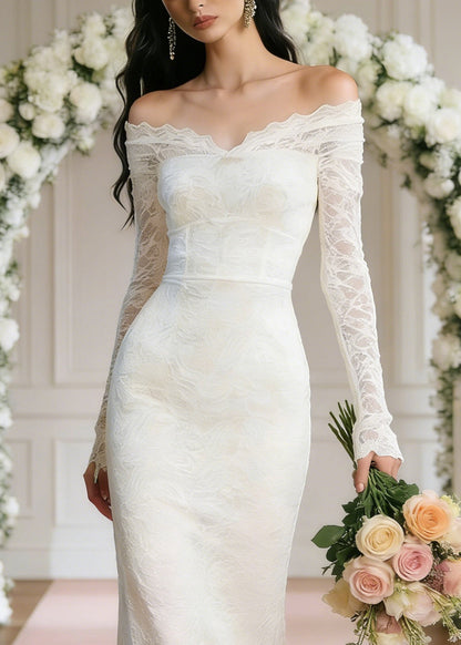 Slim Fit White Slash Neck High Waist Solid Long Dresses Spring