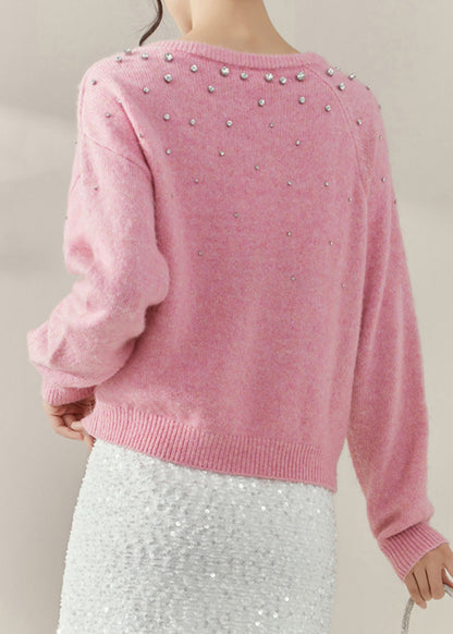 Cute Pink O-Neck Nail Bead Cozy Cotton Knit Sweater Fall