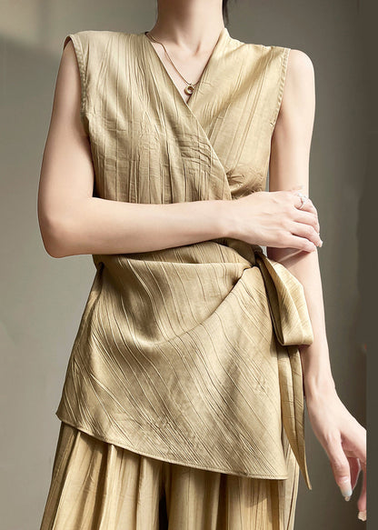Khaki Lace Up Solid Cotton Sleeveless Shirts V Neck