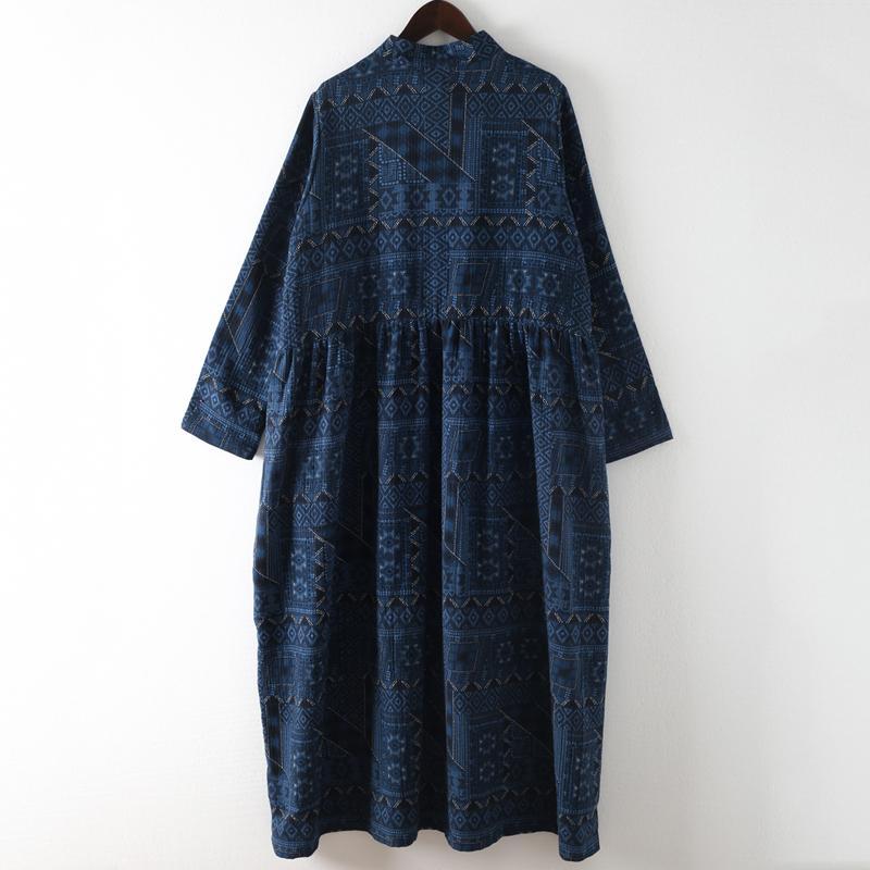 Blue Loose Vintage Button  Linen Print Dress