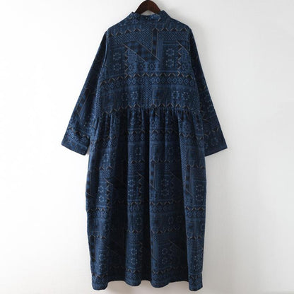 Blue Loose Vintage Button  Linen Print Dress