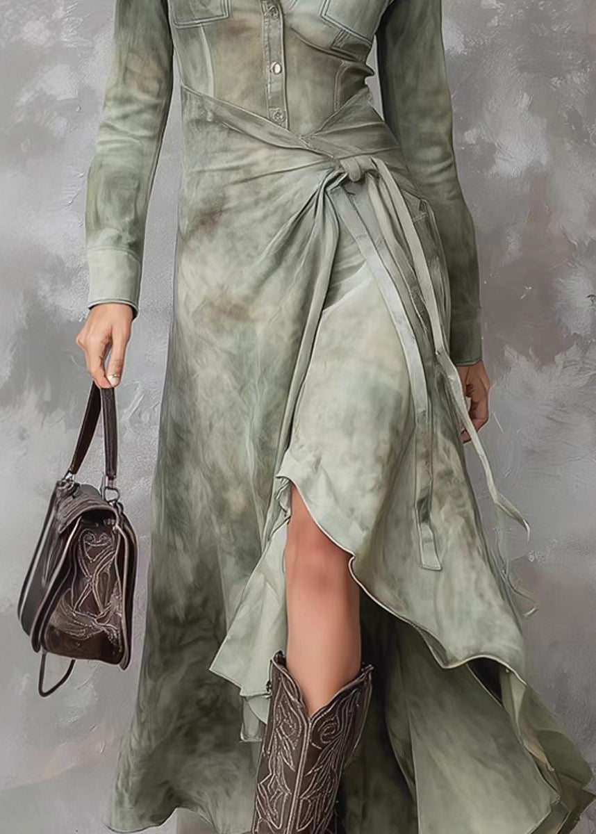 French Green Peter Pan Collar Tie Dye Lace Up Maxi Dresses Spring
