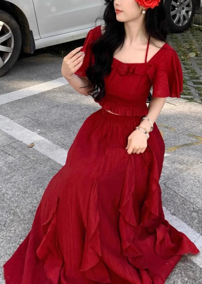 Bohemian Red Ruffled Tops And Skirts Cotton Two Pieces Set Butterfly Sleeve