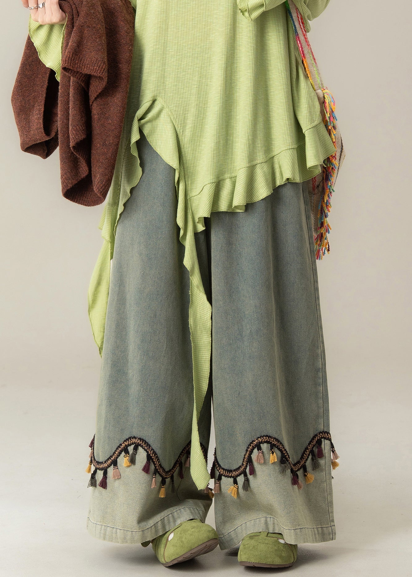 Vintage Blue Tasseled High Waist Patchwork Denim Wide Leg Pants Fall