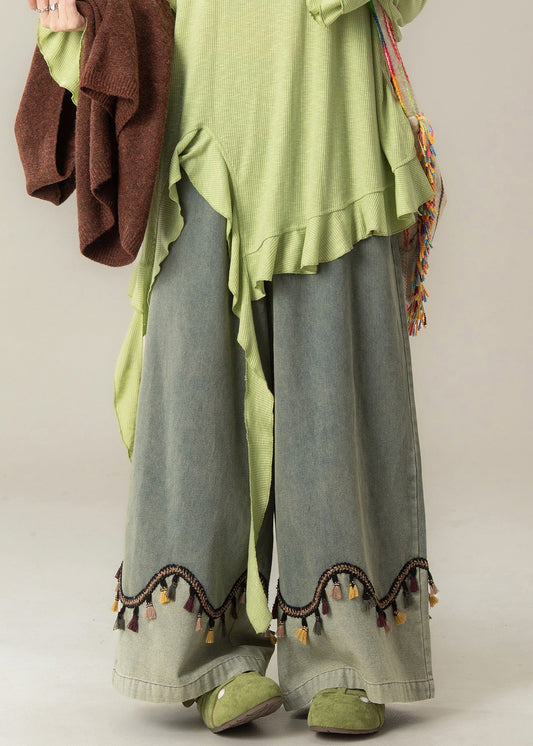 Vintage Blue Tasseled High Waist Patchwork Denim Wide Leg Pants Fall