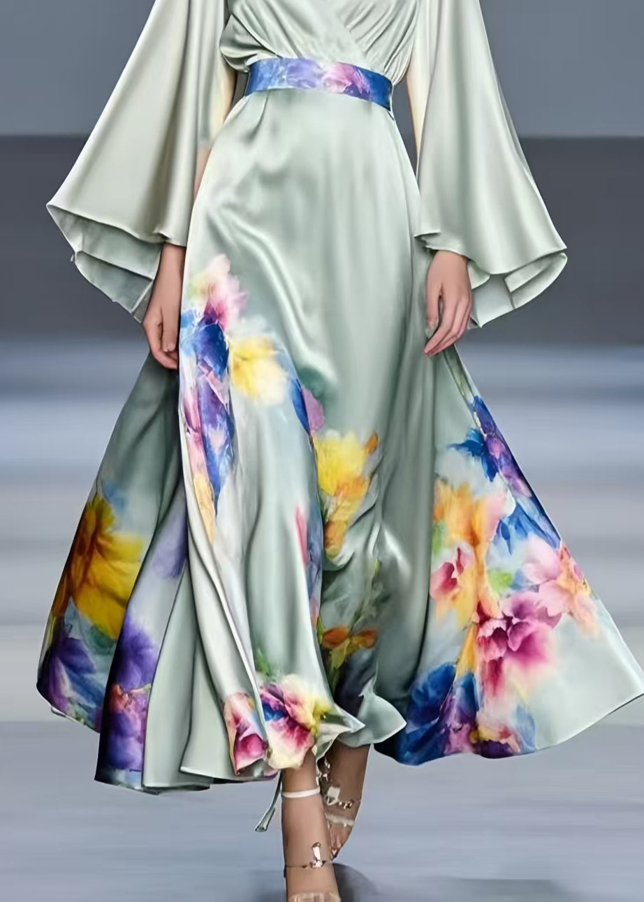 Art Light Green Floral Exra Large Hem Silk Tunic Dress Flare Sleeve