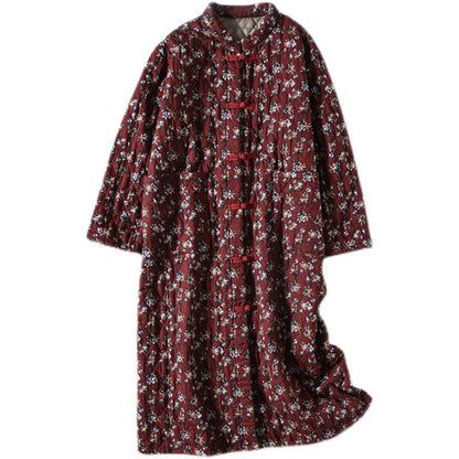 Winter Retro Floral Quilted Cotton Linen Dress