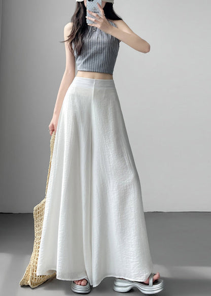Classy White Elastic Waist Draping Linen Silk Wide Leg Pants Summer