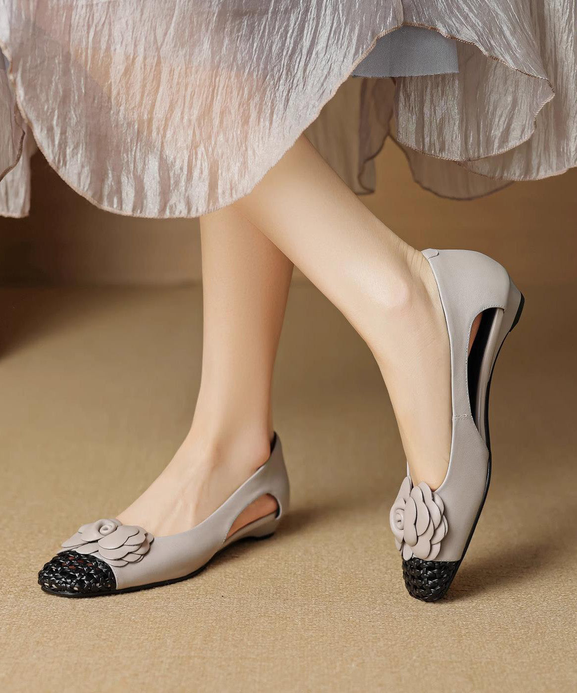 Grey Flat Shoes For Women Cowhide Leather Soft Splicing Floral