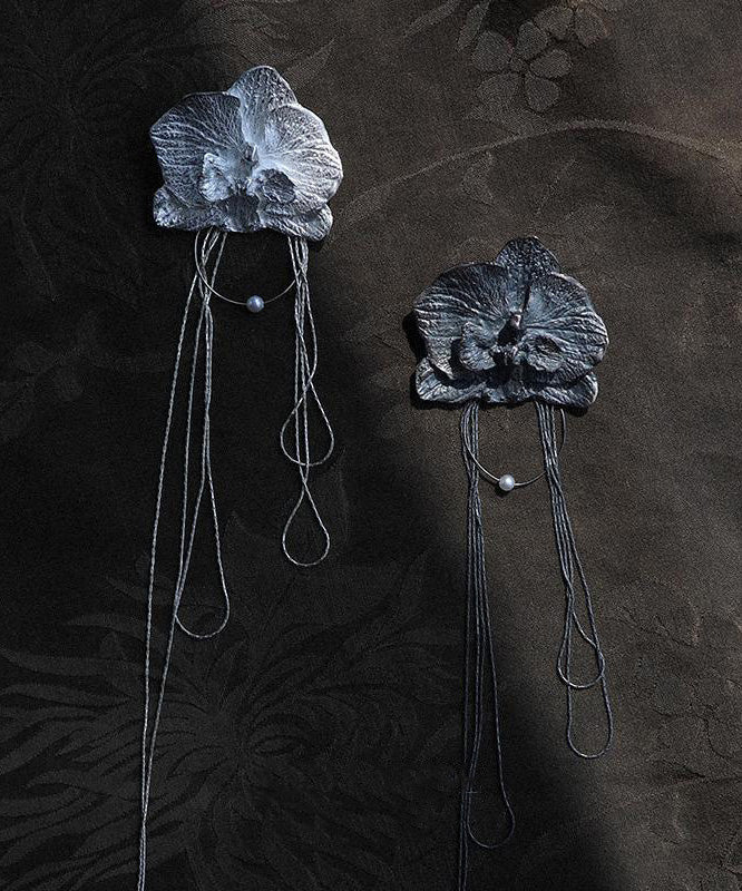 Vintage Silk Alloy Moth Orchid Tassel Drop Earrings