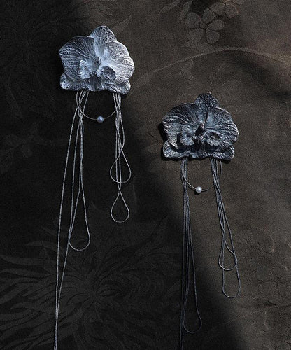 Vintage Silk Alloy Moth Orchid Tassel Drop Earrings