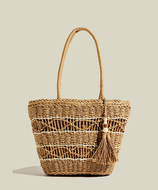 Retro Khaki Tasseled Hollow Out Straw Woven Shoulder Bags