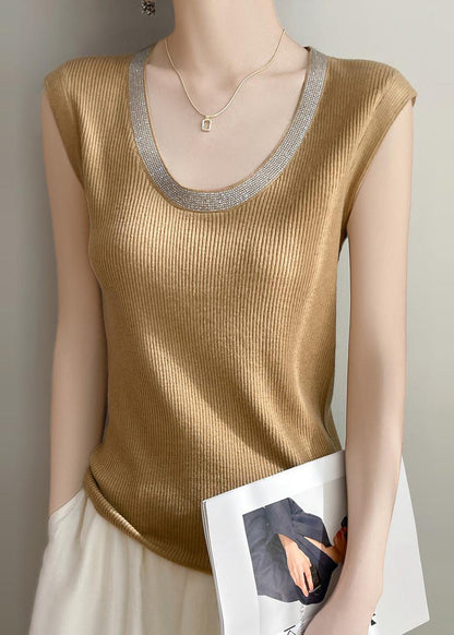 Women Yellow U Neck Patchwork Knit Tank Summer