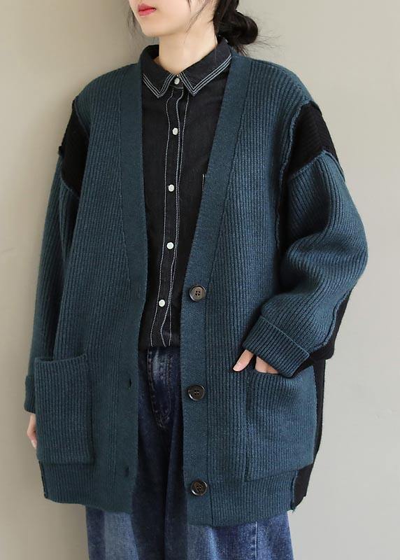 Oversized  Green Knit Sweat Tops Oversize V Neck Button Down Sweater Tops