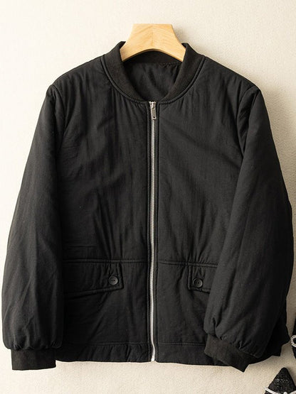 100% Natural Fabric Solid Zipper Round Neck Long Sleeve Coat