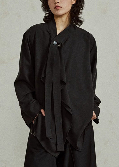 French Black V Neck Solid Shirts Long Sleeve
