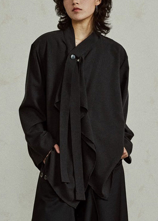French Black V Neck Solid Shirts Long Sleeve