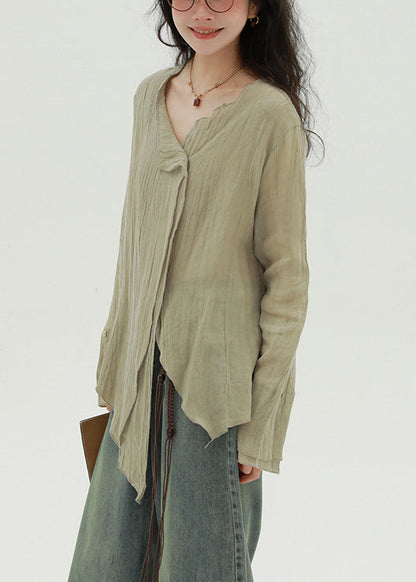 Khaki Button Solid Linen Fall Blouse Asymmetrical