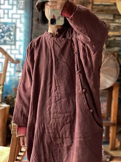 Women Vintage Chinese Style Worn Solid Button Robe