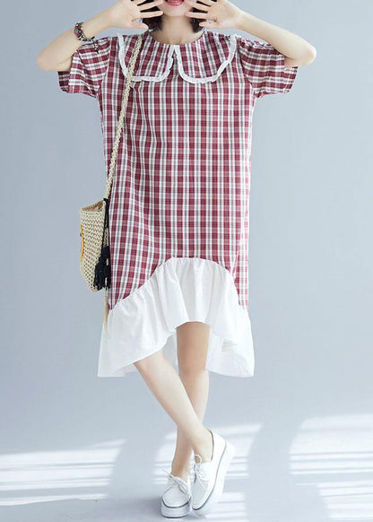Chic patchwork linen clothes For Women Sleeve red plaid Dress summer