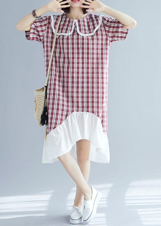 Chic patchwork linen clothes For Women Sleeve red plaid Dress summer