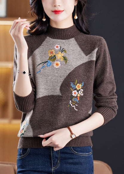 Vintage Wine Red Embroidered Patchwork Knit Sweater Tops Winter