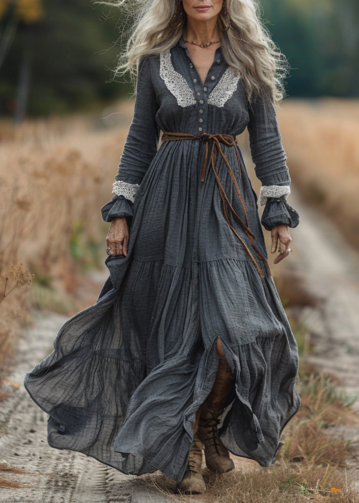 Vintage Pastoral Style Lace Patchwork Cotton Long Dresses Spring
