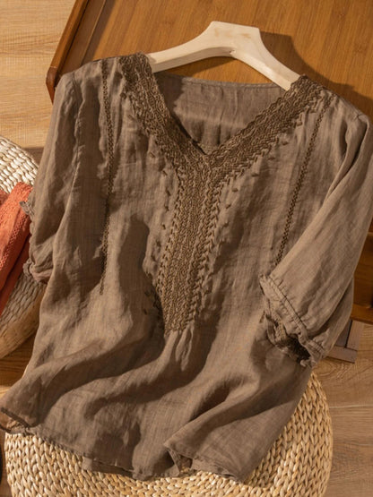 Solid Color V Neck Short Sleeve Casual Linen Top