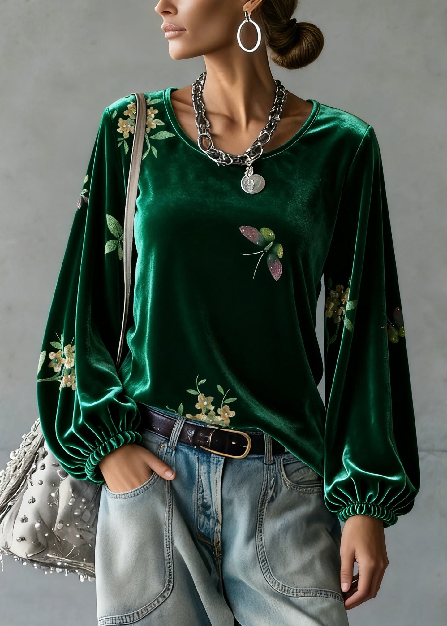 Vintage Green O-Neck Print Silk Velour Tops Spring