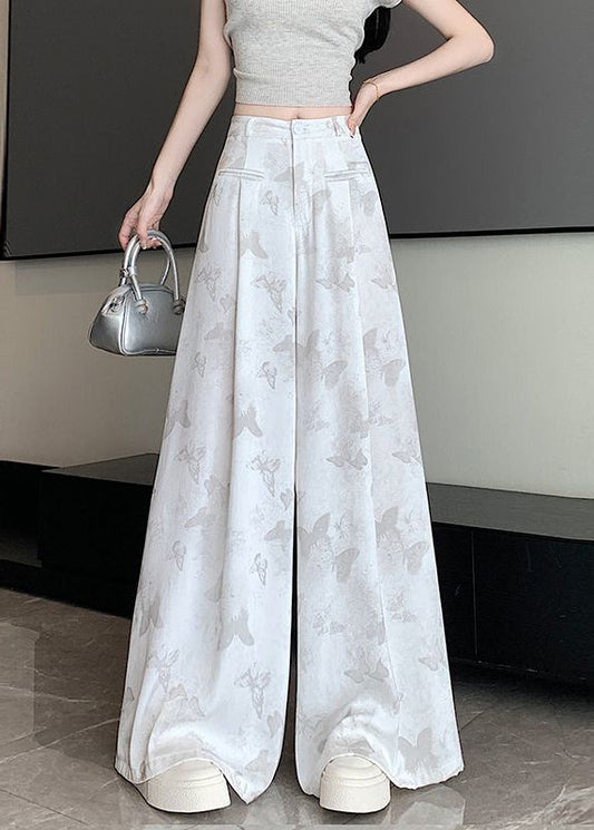 Chinese Style White Pockets Butterfly Print Draping Floral Pants